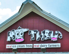 sign for ice cream shop moo thru